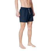 Short de bain homme EA7 bleu marine en polyester avec cordon de serrage blanc, conçu pour la baignade
