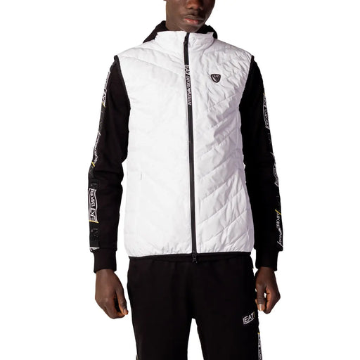 Ea7 gilet sans manches matelassé blanc pour homme, avec logo et fermeture éclair noire, en polyester.