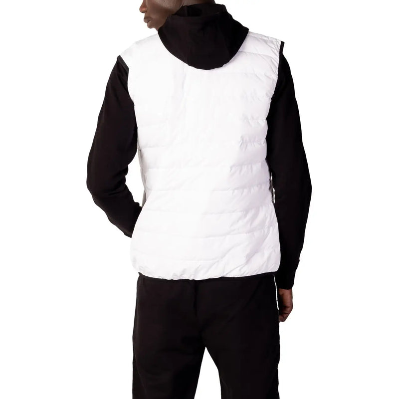 Ea7 Gilet sans manches matelassé blanc pour homme, avec capuche noire et manches noires contrastantes, en polyester, fermeture éclair.
