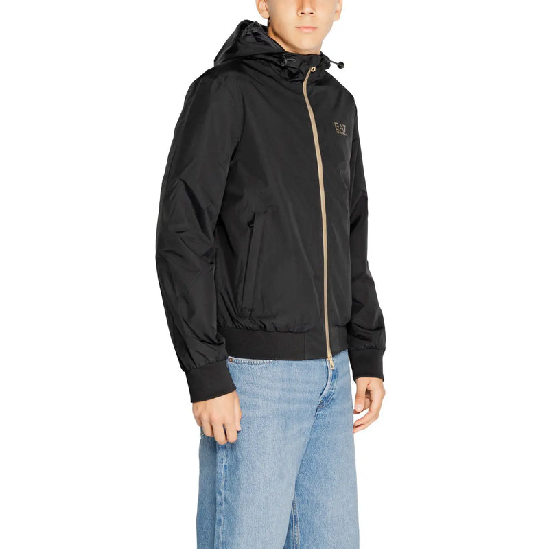 Ea7 Doudoune homme à capuche noire avec fermeture éclair beige, manches longues en polyamide et logo discret sur la poitrine