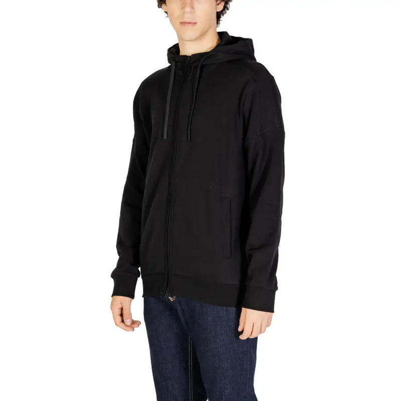 EA7 Men Hooded Zip Sweatshirt Black featuring front pockets and adjustable drawstrings