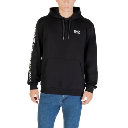 Ea7 Sweat à capuche homme noir en mélange de coton avec logo Emporio Armani blanc et marque sur la manche