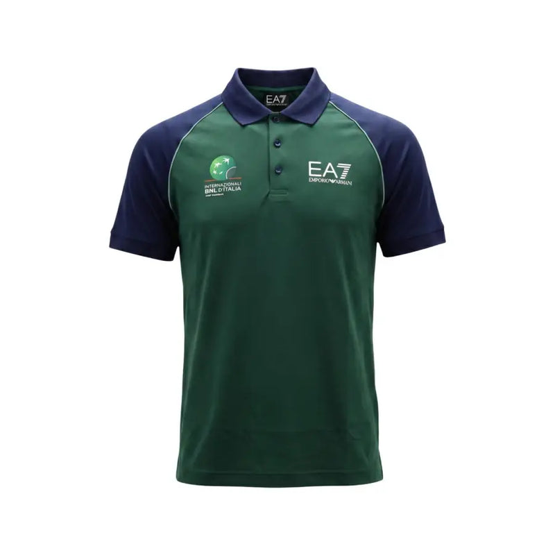 Ea7 Polo homme bleu à manches courtes en polyamide, coupe ajustée, vert foncé marine avec empiècements contrastants et logos brodés