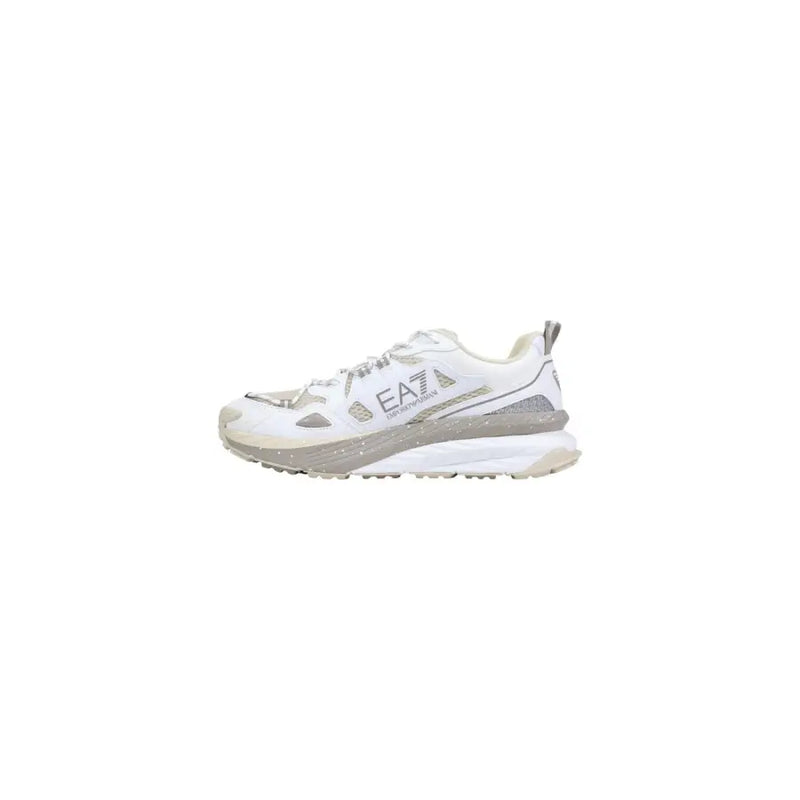 Ea7 Baskets homme grises en polyester à lacets, tige en mesh texturé blanc et gris et logo argenté métallisé.