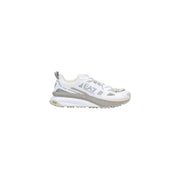 Ea7 Baskets homme grises en polyester à lacets, modèle trail running blanc avec détails argentés et semelle texturée.
