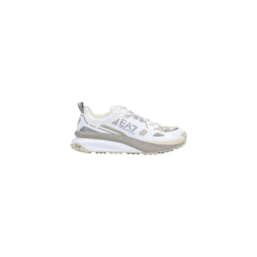 Ea7 men sneakers grey polyester lace up shoes featuring a white trail running shoe with silver accents and textured sole
