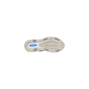 Back side of ea7 men sneakers grey polyester lace up shoes featuring beige and white rubber sole with blue crusher logo