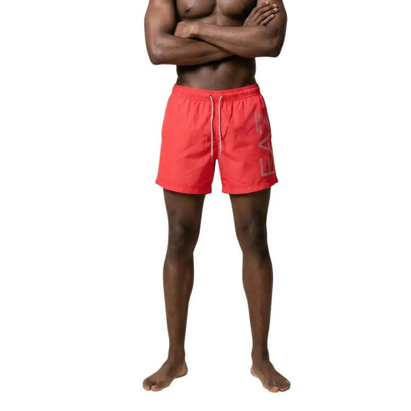 Ea7 Maillot de bain homme rouge vif en polyester, short de bain avec logo gris, cordons de serrage blancs et poches latérales