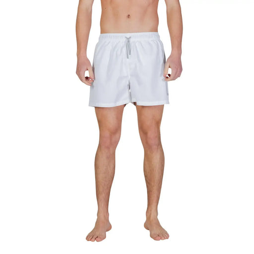 Ea7 men white polyester swim trunks with gray drawstring and subtle side stripes for swimwear use