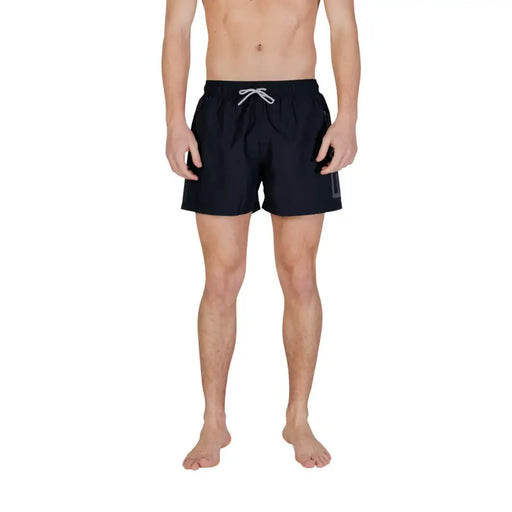 Ea7 Maillot de bain homme, short de bain noir en polyester avec cordon de serrage blanc et logo gris discret sur le côté