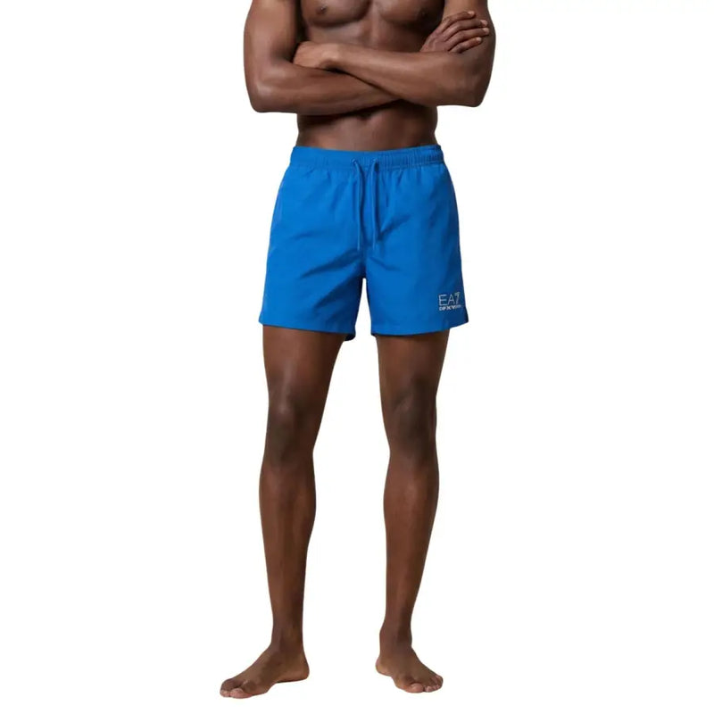 Short de bain homme ea7 bleu vif en polyester avec ceinture à cordon et logo sur la jambe gauche