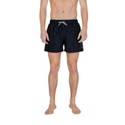 Ea7 men swimwear black swim trunks with white drawstring and subtle gray logo on the side suitable for swimming