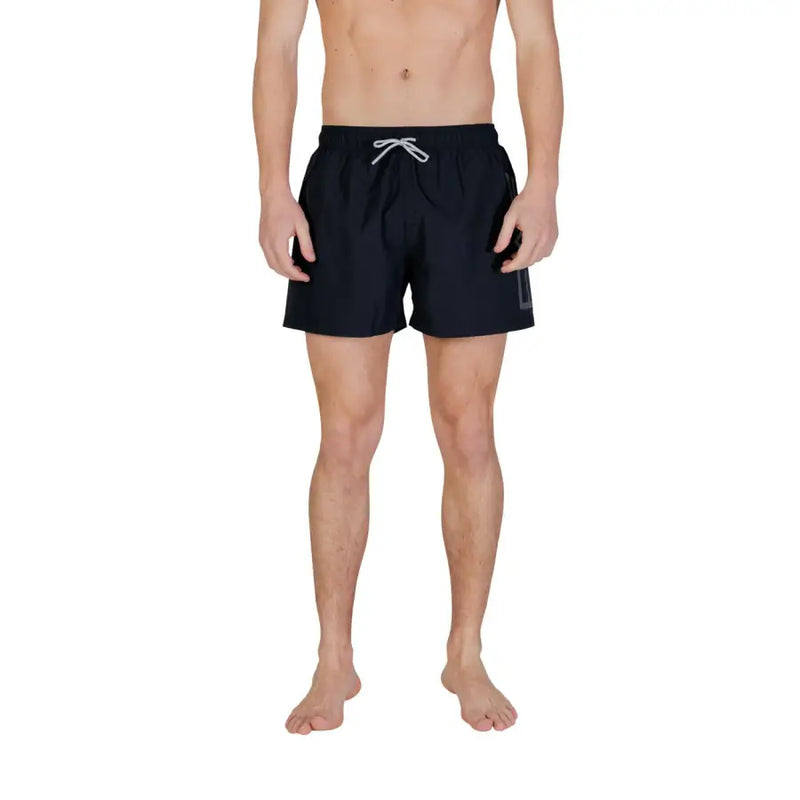Ea7 men swimwear black swim trunks with white drawstring and subtle gray logo on the side suitable for swimming