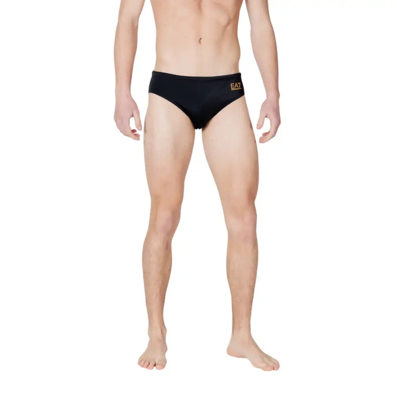 Ea7 men swimwear black swim trunks featuring a gold logo on the waistband for stylish beachwear