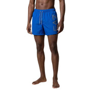 Ea7 men swimwear bright blue swim trunks with gray ea7 logo on side and white drawstrings for swimming use