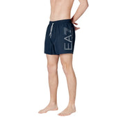 Navy blue ea7 men swim trunks with white drawstring and side logo designed for swimwear use