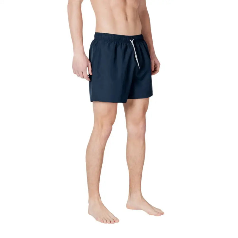 Ea7 men swimwear navy blue swim trunks with white drawstring designed for comfortable beachwear and swimming