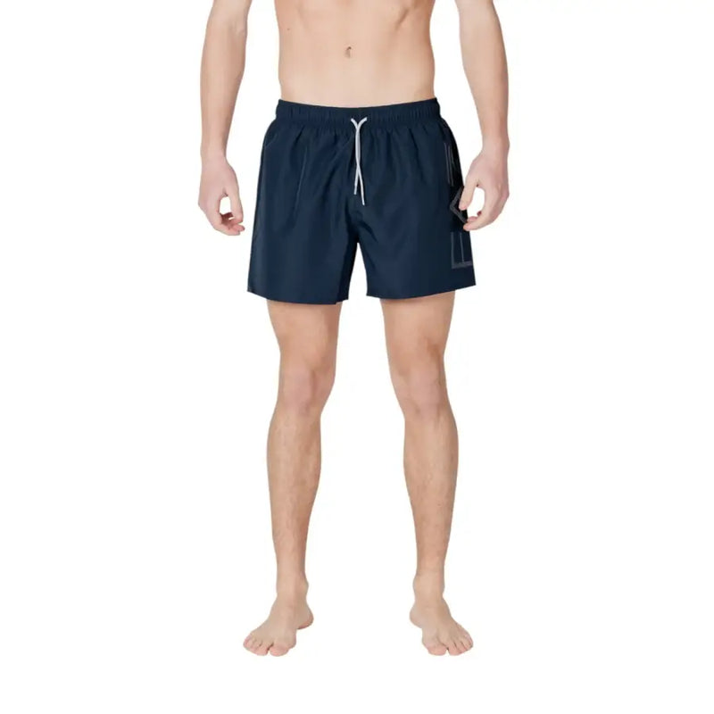 Navy blue Ea7 men swimwear swim trunks with white drawstring and subtle geometric logo on the side for casual beachwear