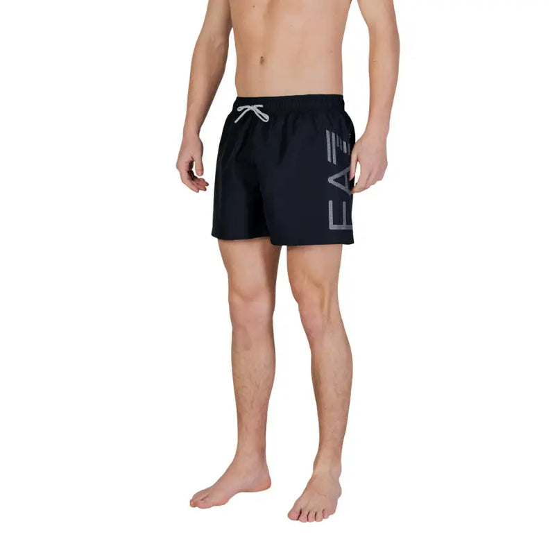 Ea7 men swimwear black swim trunks with gray logo and white drawstring designed for comfortable swimming