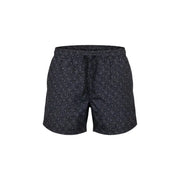 Black Ea7 men swimwear swim trunks with a repeating lighter gray geometric pattern designed for swimming