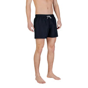 Ea7 men swimwear black swim trunks with white drawstring waistband designed for comfortable beachwear use