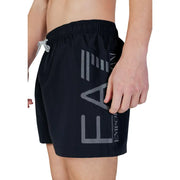 Ea7 men swimwear black swim trunks with bold pixelated white logo and matching drawstring for swimming use