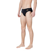 Black ea7 men swimwear swim trunks with gold logo on the waistband designed for swimming and beachwear