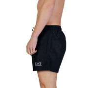 Black ea7 emporio armani men swimwear swim trunks with a white logo on the left leg designed for swimming