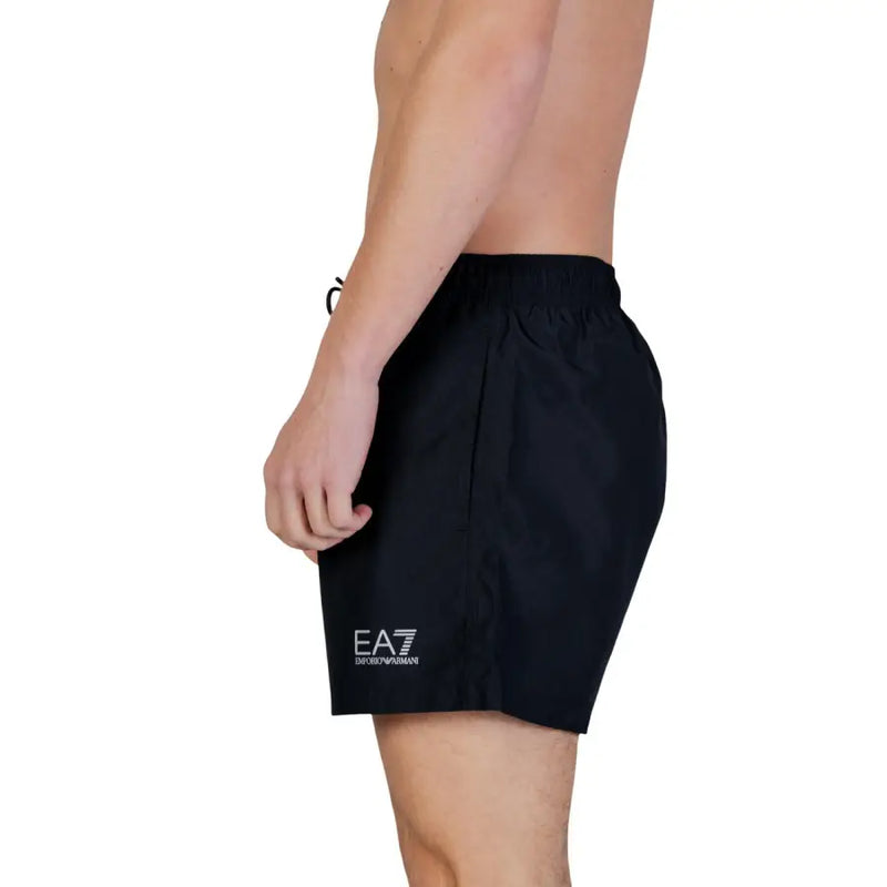Black ea7 emporio armani men swimwear swim trunks with a white logo on the left leg designed for swimming