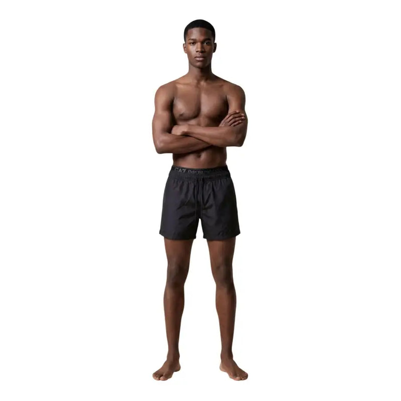 Ea7 men swimwear black swim trunks with drawstring waistband and subtle branding on elastic waistband