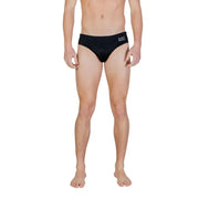 Short de bain noir pour homme, au design minimaliste et élégant, avec logo ea7 brodé sur une ceinture en polyester blanc.