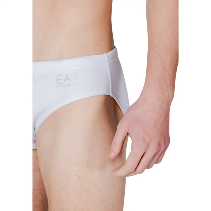 Ea7 Maillot de bain homme blanc uni en polyester, short de bain avec logo discret sur la ceinture (vue de face).