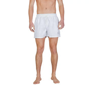 Ea7 men swimwear white swim trunks with subtle logo on left leg designed for comfortable swimming