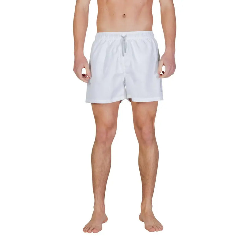 Ea7 men swimwear white swim trunks with gray drawstring and subtle side stripes for comfortable beachwear