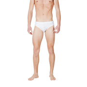 White men’s swim briefs by Ea7 featuring a subtle logo on the waistband in a sleek white design