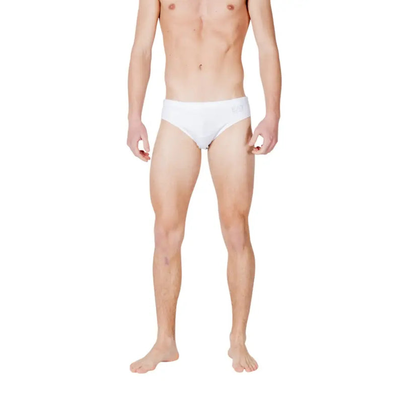 White men’s swim briefs by Ea7 featuring a subtle logo on the waistband in a sleek white design