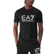 Emporio Armani homme noir EA7 t-shirt avec logo blanc et rayures, conçu pour les vêtements décontractés