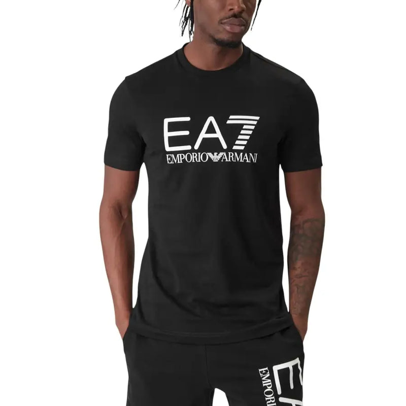 Emporio Armani homme noir EA7 t-shirt avec logo blanc et rayures, conçu pour les vêtements décontractés