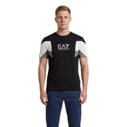 Emporio Armani homme noir EA7 t-shirt avec des empiècements géométriques blancs et gris sur les manches