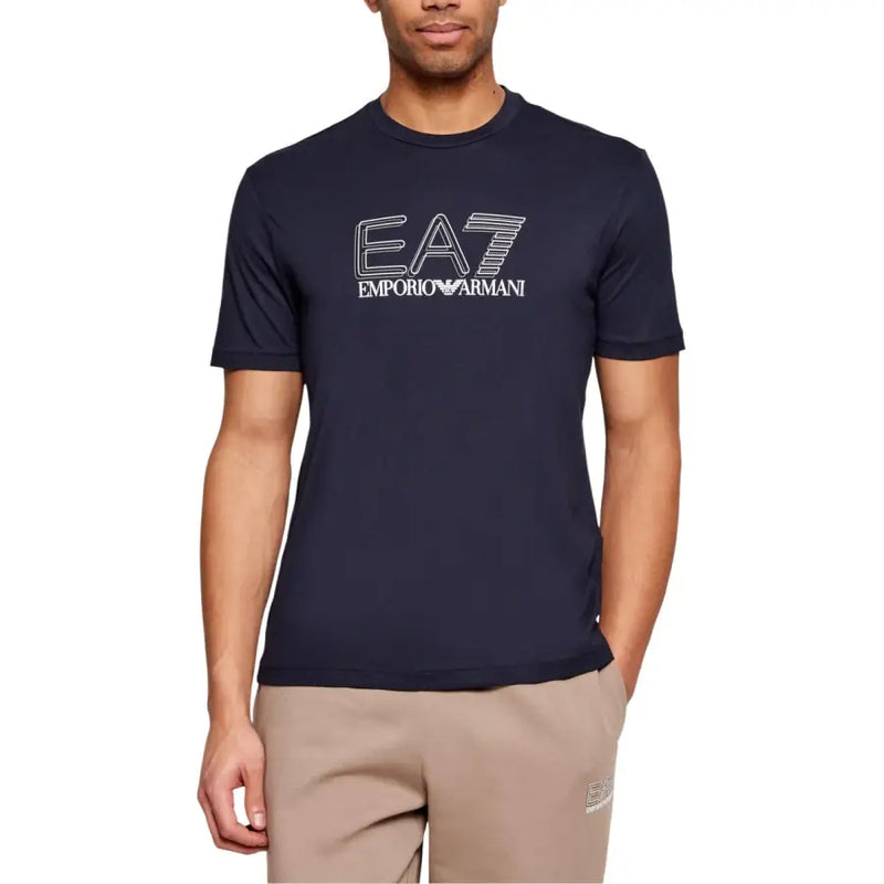 bleu marine ea7 Emporio Armani homme t-shirt avec logo et nom de la marque en contour blanc sur la poitrine