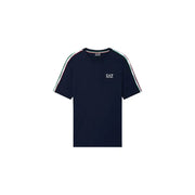 bleu marine Ea7 hommes t-shirt avec des empiècements d'épaules à rayures blanches, vertes et rouges affichant un design sportif