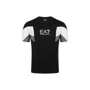 Emporio Armani homme noir EA7 t-shirt avec des empiècements géométriques blancs et gris sur les manches