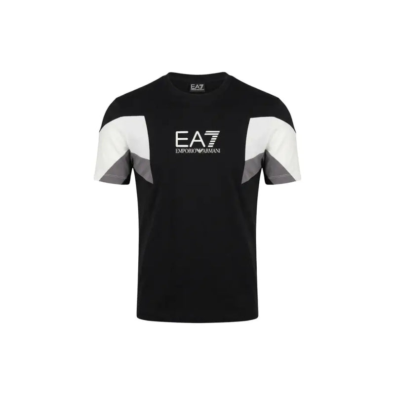 Emporio Armani homme noir EA7 t-shirt avec des empiècements géométriques blancs et gris sur les manches