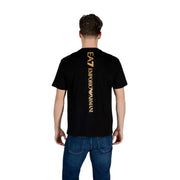 Emporio Armani homme noir EA7 t-shirt montrant le dos avec un logo vertical doré sur un tissu en coton