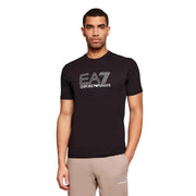 Emporio Armani homme noir EA7 t-shirt avec un logo blanc imprimé sur la poitrine en tissu de coton