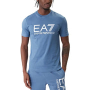 Bleu Ea7 Emporio Armani hommes t-shirt avec logo et inscription blancs, tissu en coton confortable pour vêtements décontractés