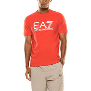 Rouge vif ea7 Emporio Armani Homme t-shirt avec un logo blanc audacieux et un motif à rayures dans un tissu en coton léger