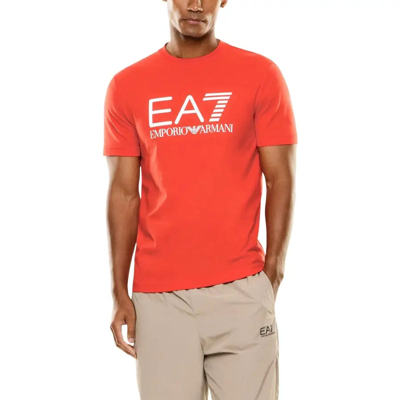 Rouge vif ea7 Emporio Armani Homme t-shirt avec un logo blanc audacieux et un motif à rayures dans un tissu en coton léger