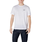 Ea7 hommes t-shirt en coton blanc avec un logo noir discret sur la poitrine gauche pour une tenue décontractée