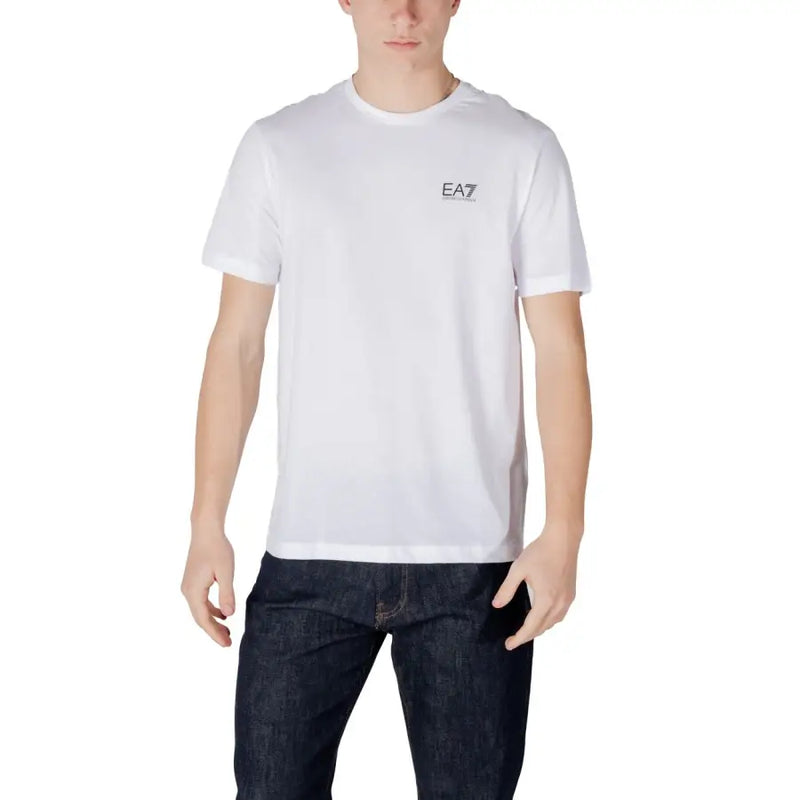 Ea7 hommes t-shirt en coton blanc avec un logo noir discret sur la poitrine gauche pour une tenue décontractée